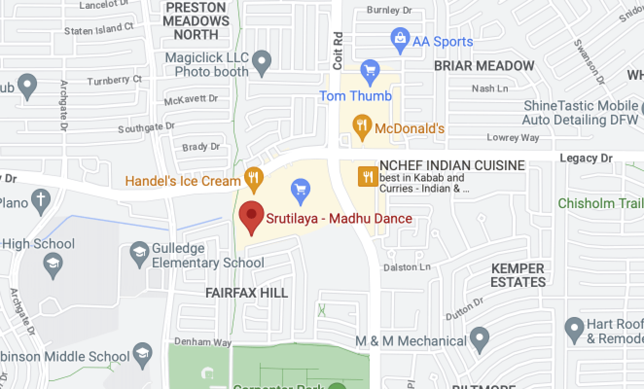 Map showing Nruthya Shakti dance Academy location at Plano, Texas.