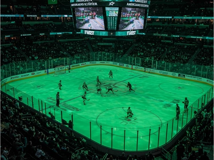 Ice rink court featuring Dallas Stars game.