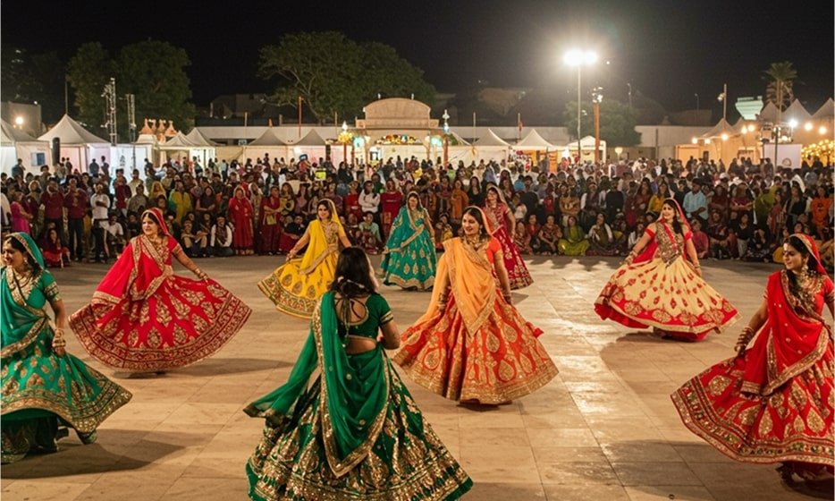 Women in colorful attires performing garba folk dance of India.