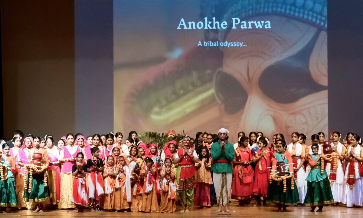 Nruthya Shakti Dance Academy students on stage at the end of the show.