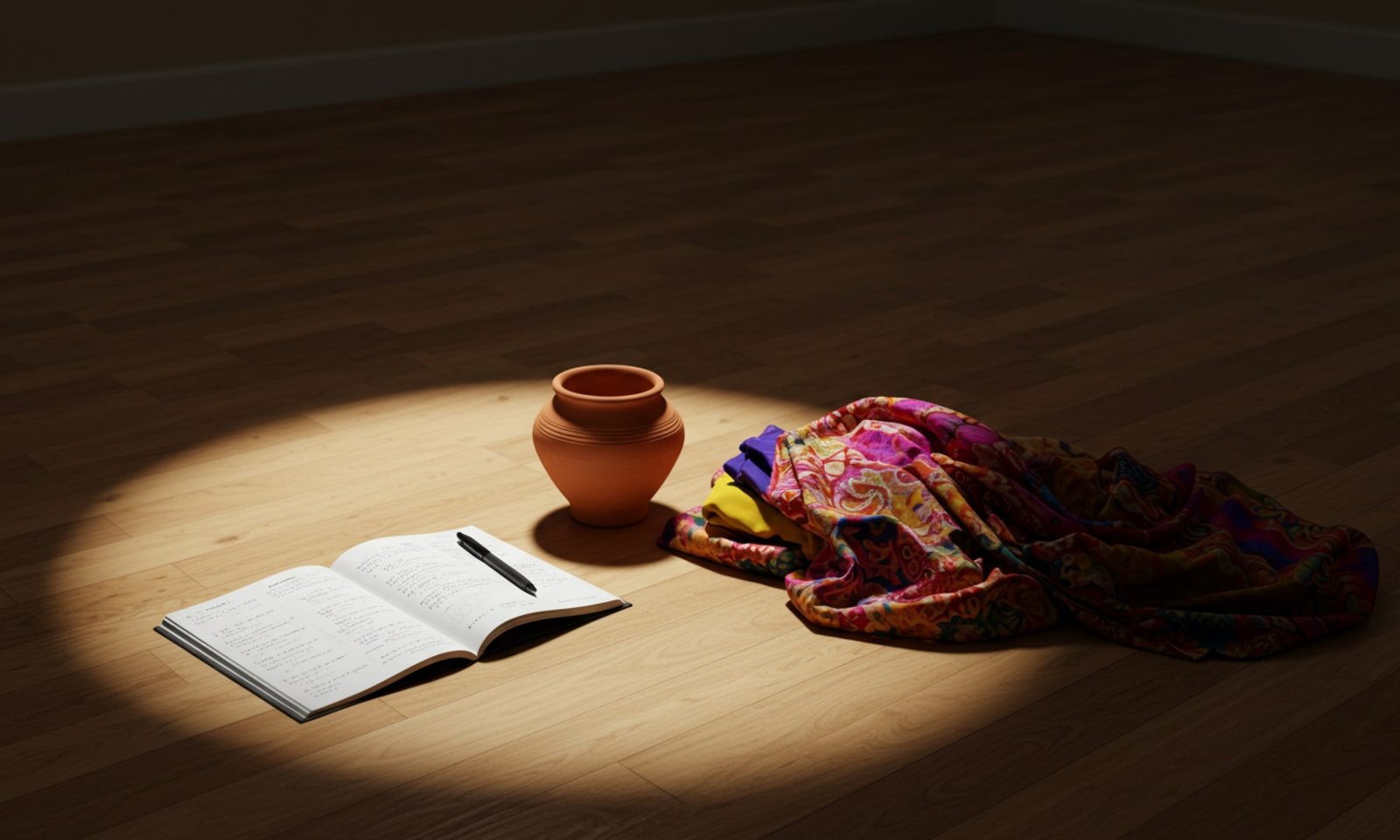 A notebook, pen, and an indian fabric cloth lying on the dance studio floor.