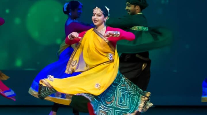 A close up view of the traditional outfit used in the Garba dance.
