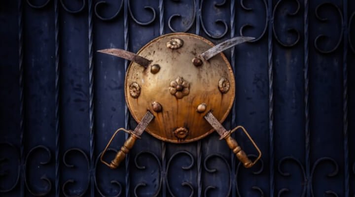 A shield and two swords hung on a wall.